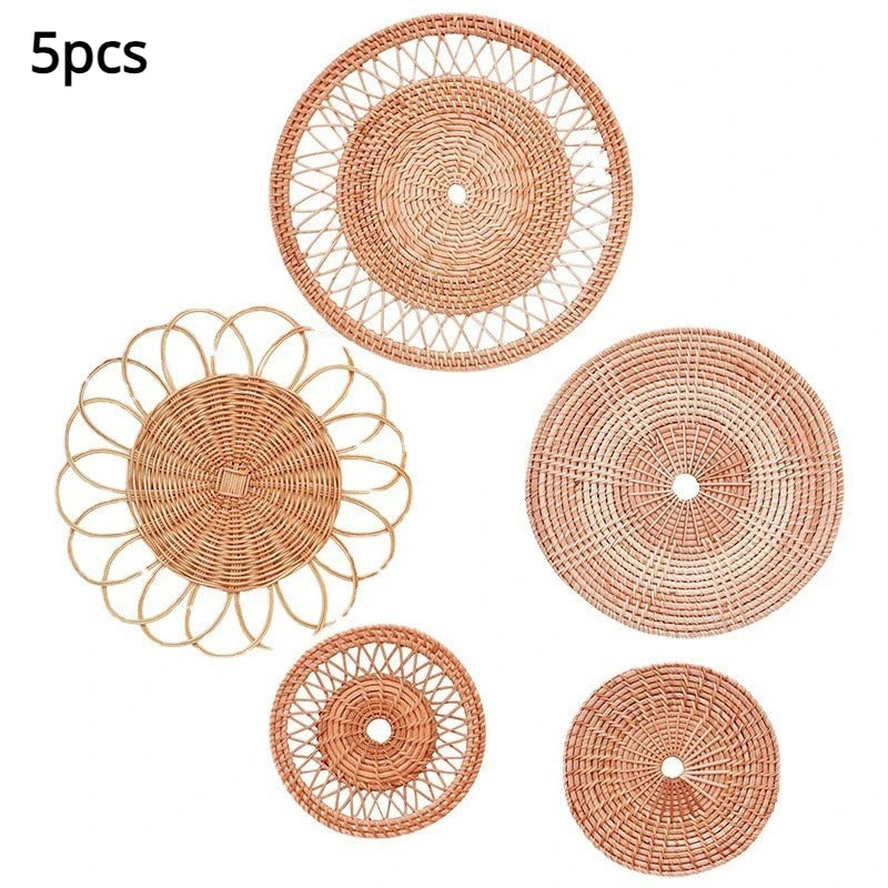 Round Wicker Tray Rattan Woven Wall Hanging Bohemian Country Style Handmade Wall Decor for Living Room Bedroom Wall Display Peaceful Pleasures Health and Wellness 5Pcs