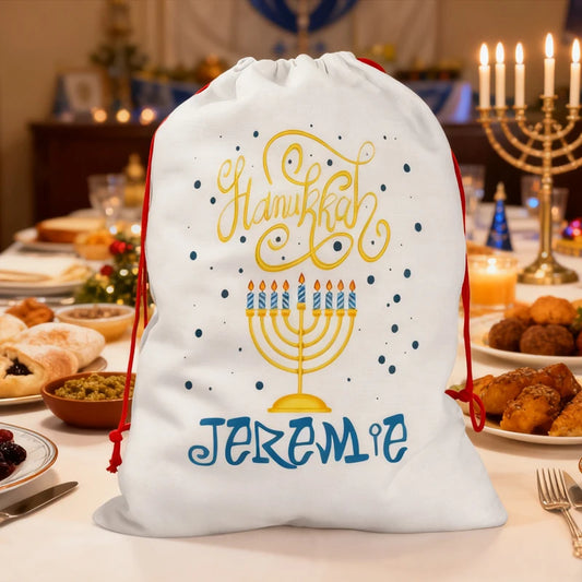 Personalized Hanukkah Drawstring Gift Bag | Gold Menorah Design Holiday Gift Bag Peaceful Pleasures Health and Wellness