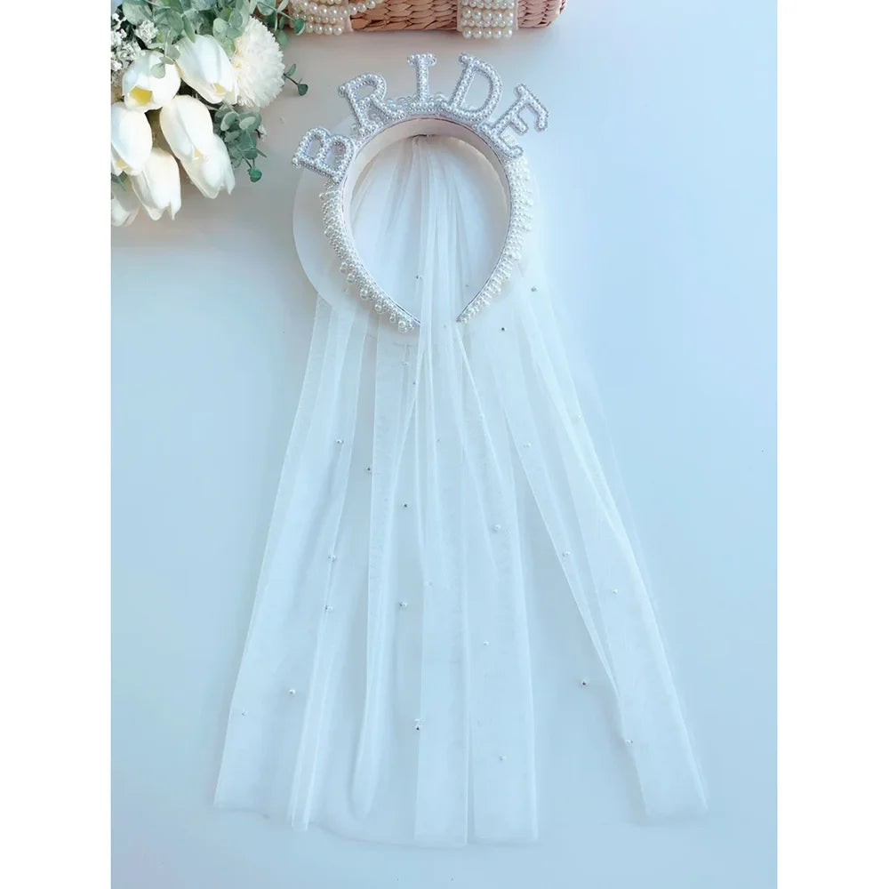 Bride Pearl Headband & Veil Set | Bridal Bachelorette Gift Bridal Hair Accessory Peaceful Pleasures Health and Wellness Hair Accessory 1pcs