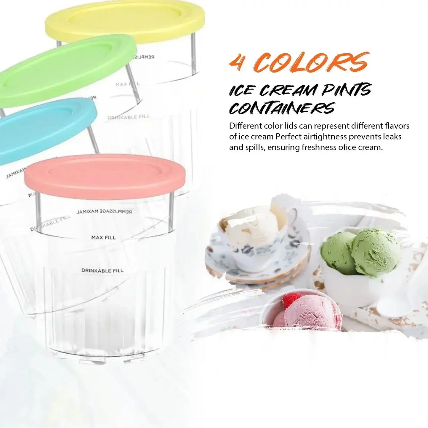 4Piece sets Creative Ice Cream PC Cup Creami Ice Cream Storage Containers With Lids and Scoop Apply to Ninja Creami NC500 NC501 Peaceful Pleasures Health and Wellness