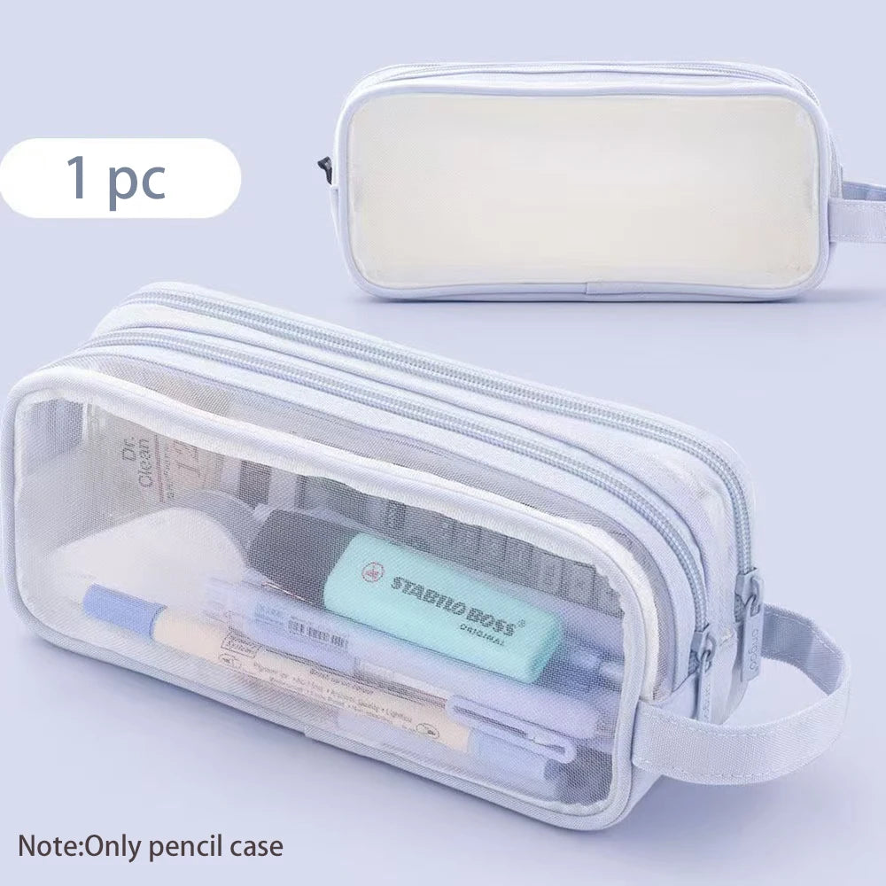Mesh Double-layer Pencil Case Large Capacity Student Creative Simple