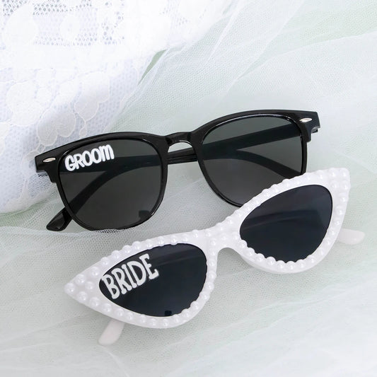 Bride & Groom Pearl Heart Sunglasses Set | Wedding Party Props Wedding Novelty Sunglasses Peaceful Pleasures Health and Wellness Sunglasses 2PCS 15x6cm