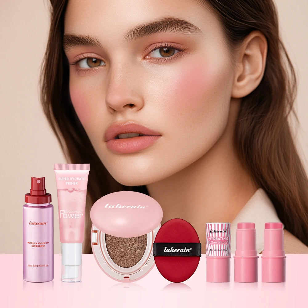 Pink Makeup Set Primer Setting Spray Include Air Cushion Foundation Base MakeupLipstick 5pcs/set Blush Hold Cosmetics Kit Peaceful Pleasures Health and Wellness 23N Sand