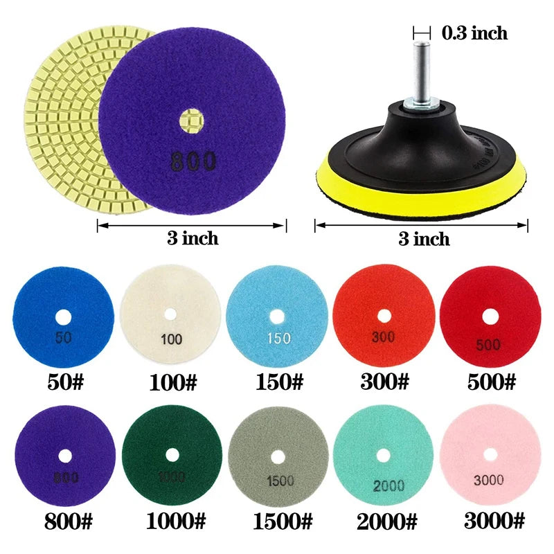 A36T-12Pcs 3 Inch Diamond Polishing Pads Set Wet/Dry Polishing Kit For Granite Stone Concrete Marble Floor Grinder Polisher Peaceful Pleasures Health and Wellness