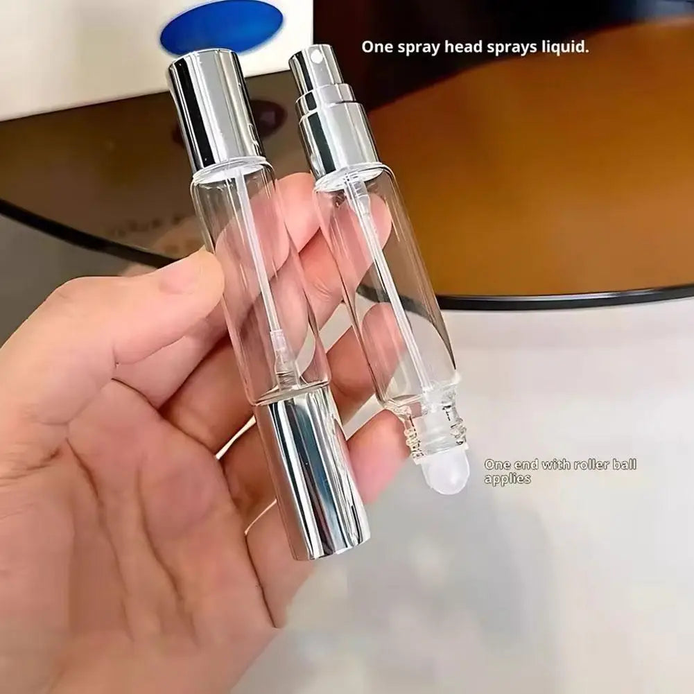 Dual-End 10ml Refillable Glass Bottle – Sprayer & Roller Top