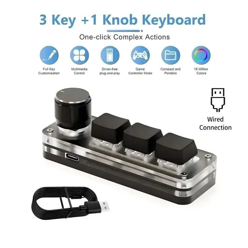 2.4G 3-key Customize Bluetooth Keyboard Macro Knob Copy Paste Shortcut Key E-sports Game Mini Mechanical Hot Plug Mini Keyboard Peaceful Pleasures Health and Wellness Wired Black