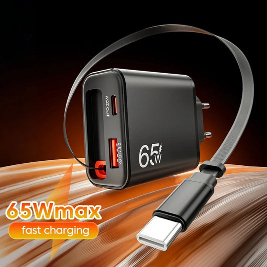 65W GaN Charger 3-Port PD QC3.0 Retractable USB-C Cable