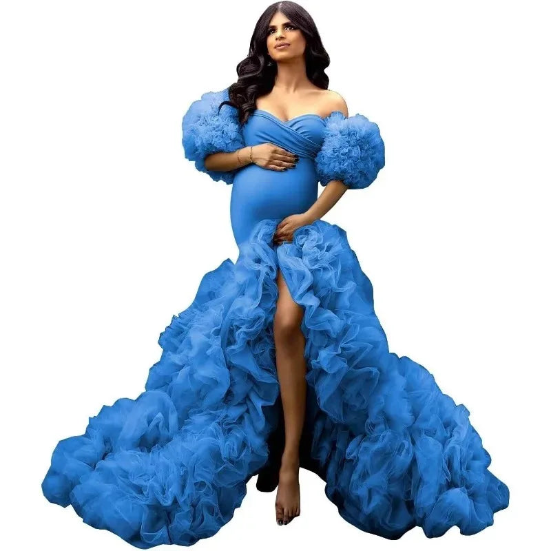 Soft Tulle Mermaid Maternity Gown - Off Shoulder Puffy Slit for Baby Shower & Pregnancy Photoshoot Dresses платье для беременных Peaceful Pleasures Health and Wellness