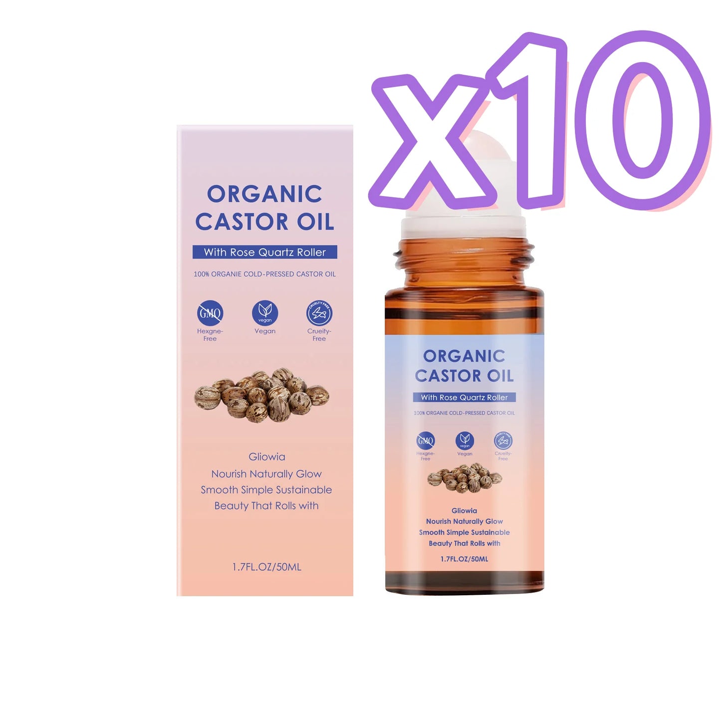 Organic Castor Oil Rose Quartz Roller Ball Moisturizing Skin Barrier Deep Repair Soothing Skin Cold-Pressed Natural Castor Oil Peaceful Pleasures Health and Wellness 50ml Boxed x 10pcs
