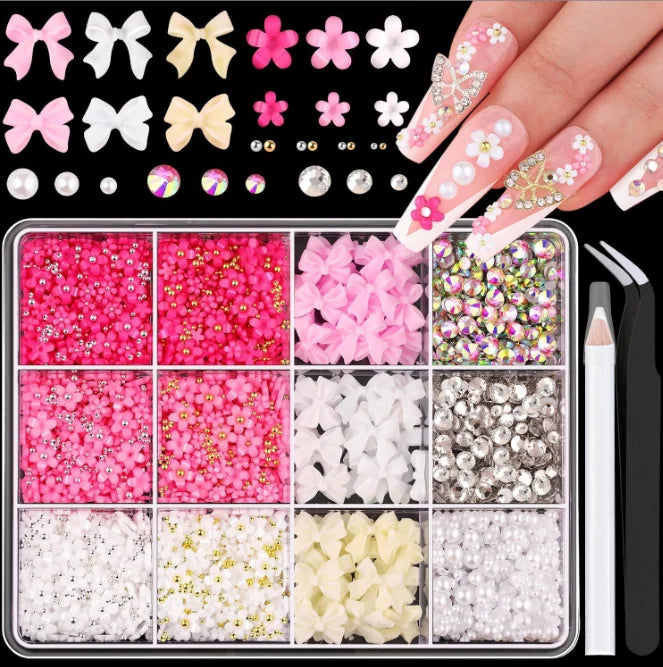 1 Box Multi Ribbon Bow Resin Nail Decoration Mixed Alloy Pearl Love