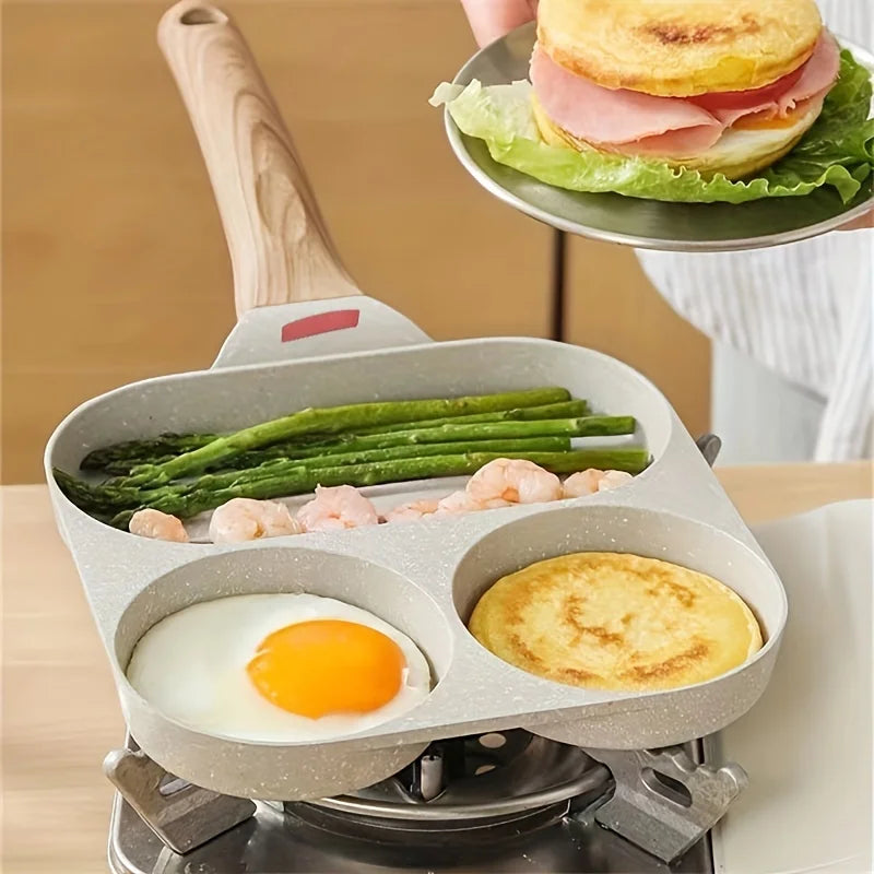 Maifanshi Non-Stick Aluminum Frying Pan - 4-Compartment, Multi-Use for Breakfast, Easy Clean, Ergonomic Wooden Handle, 1pc Peaceful Pleasures Health and Wellness