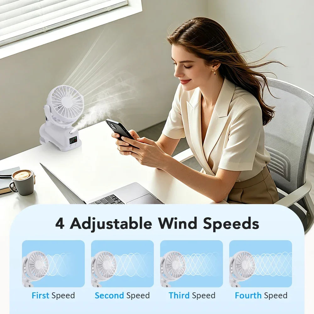 Clip-On Mist Fan USB Rechargeable 4-Speed LED | Desk Humidifier