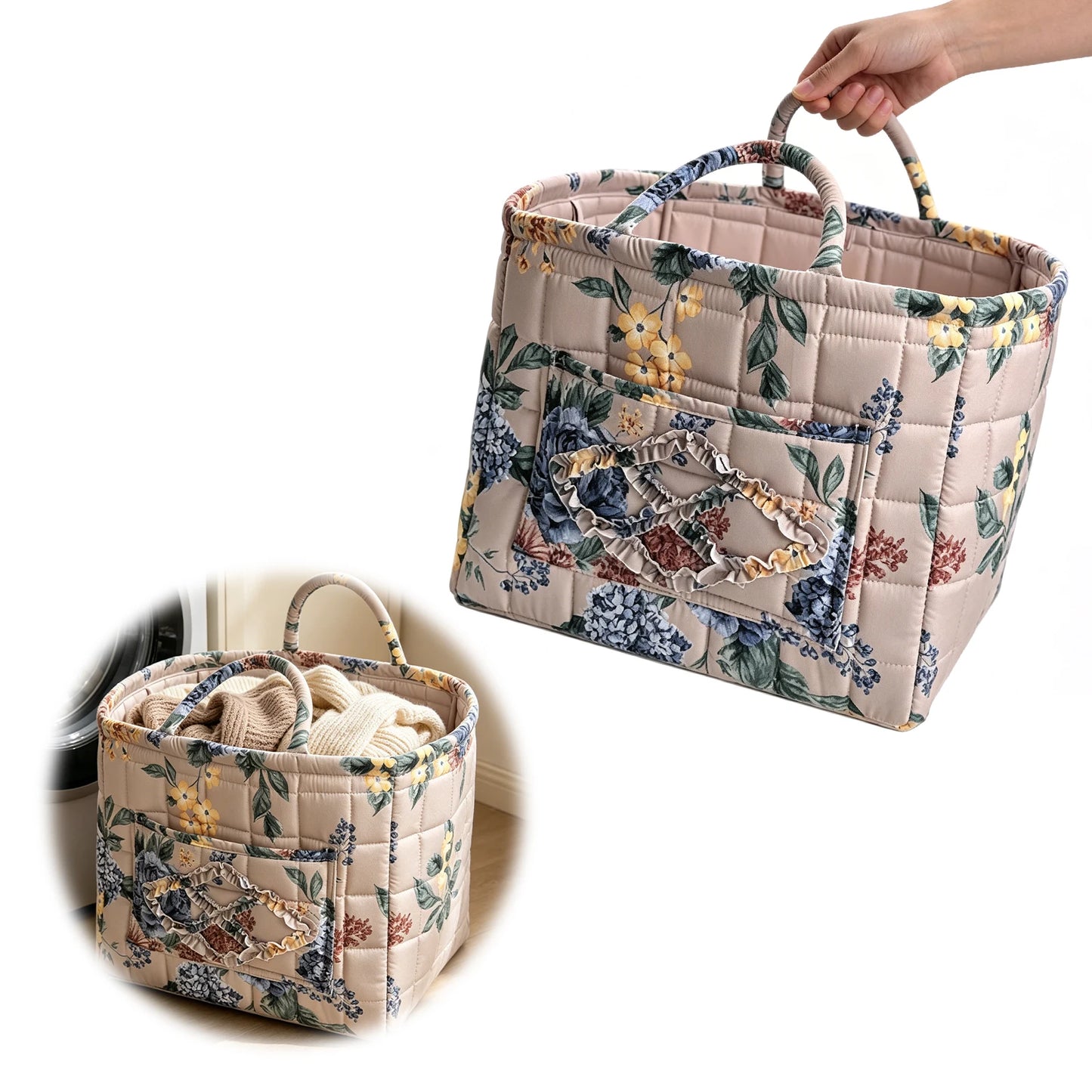 Women Floral Quilted Fabric Baskets Large Capacity Boho Gift Hamper with Handles for Clothes Home Dorms Bedrooms Bathrooms Peaceful Pleasures Health and Wellness