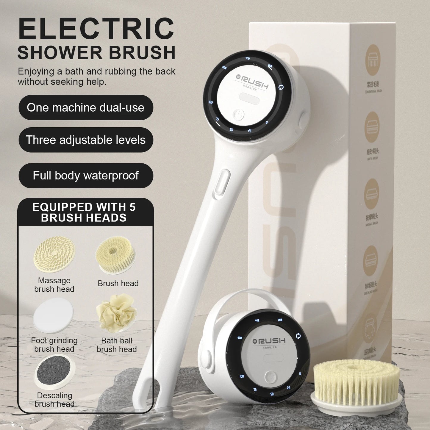 2026 NEW Electric Shower Body Cleaning Brush 5 Heads Spinning Spa Bath Brush Waterproof Long Handle Personal Back Rubbing 3 Gear Peaceful Pleasures Health and Wellness