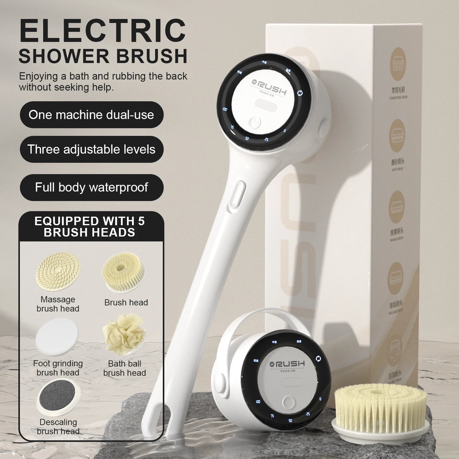 2026 NEW Electric Shower Body Cleaning Brush 5 Heads Spinning Spa Bath Brush Waterproof Long Handle Personal Back Rubbing 3 Gear Peaceful Pleasures Health and Wellness