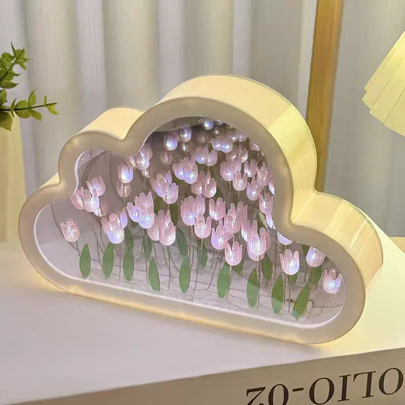 Cloud Tulip Nightlight DIY Handmade Mirror Material Package Romantic Flower Sea Atmosphere Light Desktop Ornament Creative Gifts Peaceful Pleasures Health and Wellness Pink