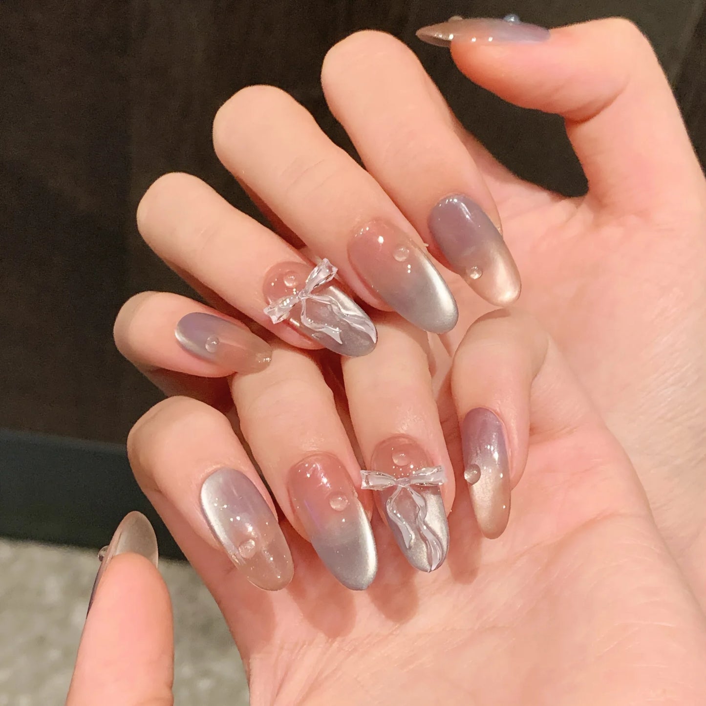Gradient Blue Press On Nails Pink Bow | Korean Nail Art 10pcs