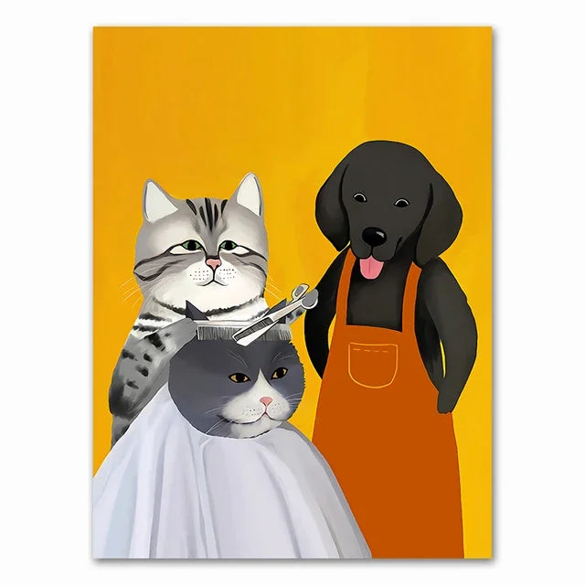 Wall Art Mural Modern Cartoon Cat And Dog Haircut Humor Poster Canvas Painting Hand-Painted Picture Printing Home Room Decor Peaceful Pleasures Health and Wellness 19 50x70cm Unframed