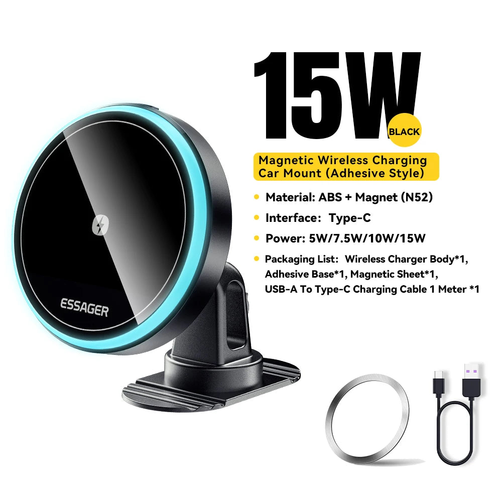 Essager Magnetic Wireless Charger Car Phone Holder 15W RGB Seven Color Light Fast Charging Mount Stand For IPhone15 14 13Android Peaceful Pleasures Health and Wellness CX