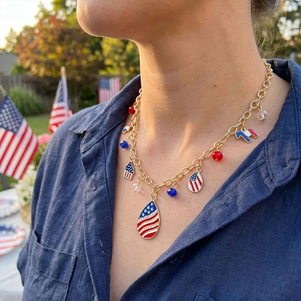 Patriotic Beaded US Flag Pendant Necklace | Gold Chain Gift