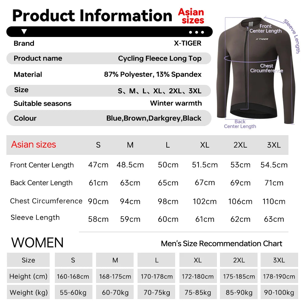 X-TIGER Men's Winter Fleece Cycling Jersey – Windproof MTB