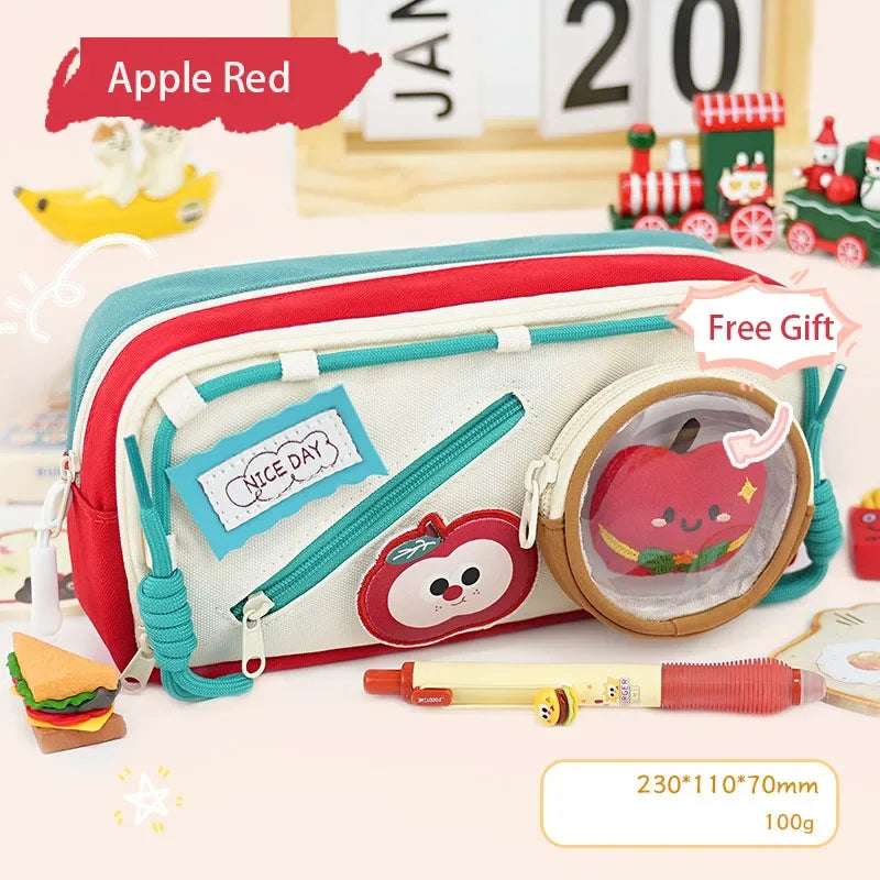Cute Canvas Pen Bags Multi-layers Large Capacity Good-looking Pencil Cases Ins Style School Stationery Supplies Gift For Kids Peaceful Pleasures Health and Wellness Red
