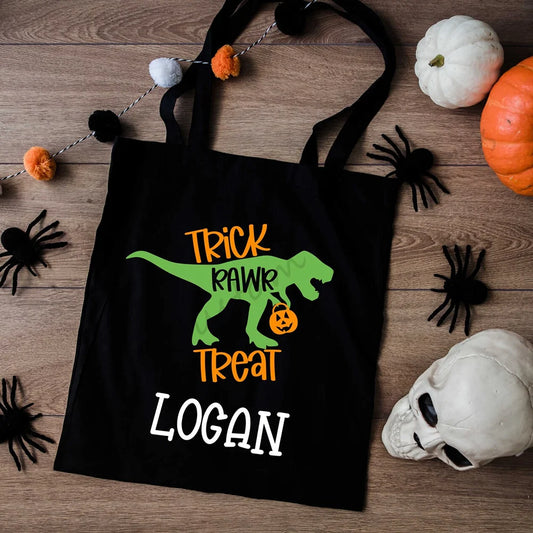 Personalized Dinosaur Trick or Treat Tote Bag | Kids Halloween Bag Personalized Tote Bag Peaceful Pleasures Health and Wellness
