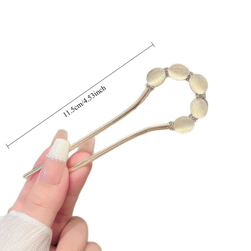 Crystal Opal U-Shaped Hair Stick | Luxury Metal Hairpin Women