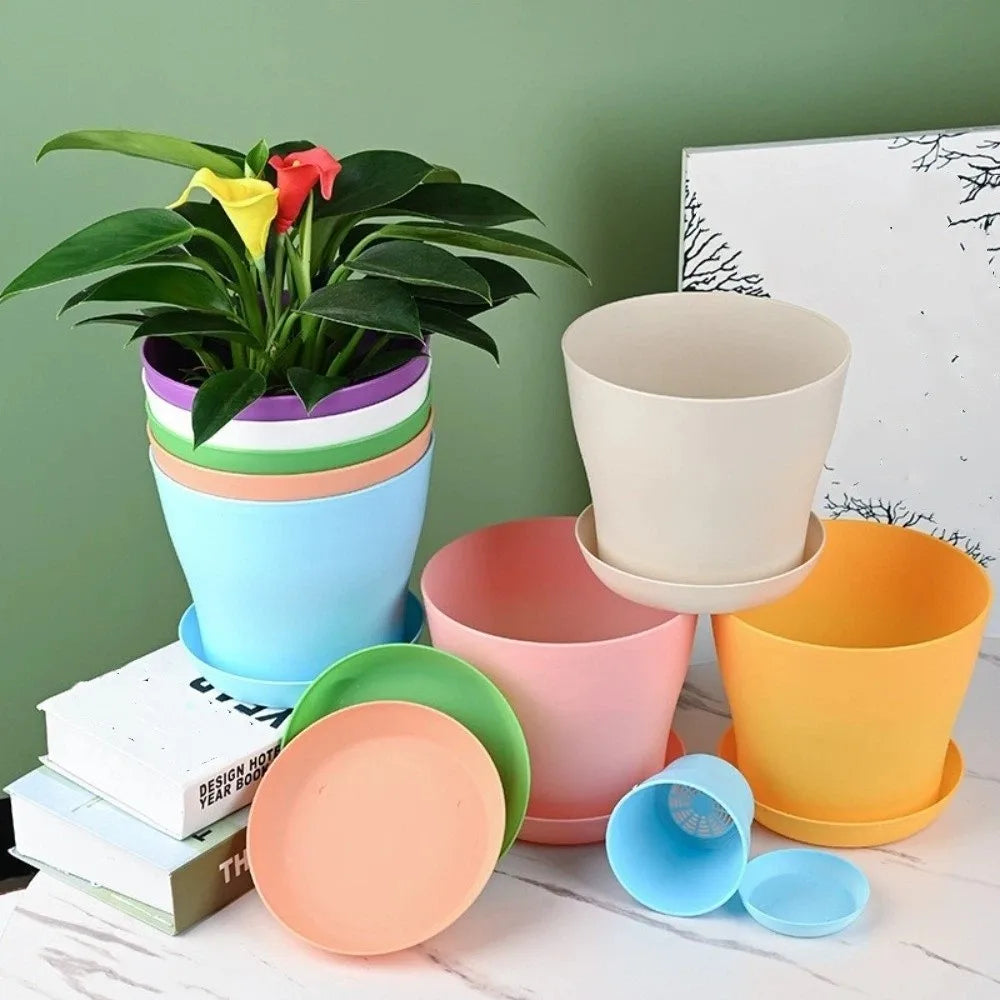 8-Pack Candy Color Round Plastic Plant Pots with Drainage Trays
