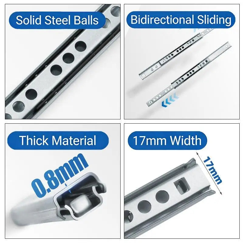 New 2Set Smooth Glide Bearing Drawer Slides 17mm Wide Two Way Slide Drawer Glides 8"-17" Hardware Accessories Drawer Rail Peaceful Pleasures Health and Wellness