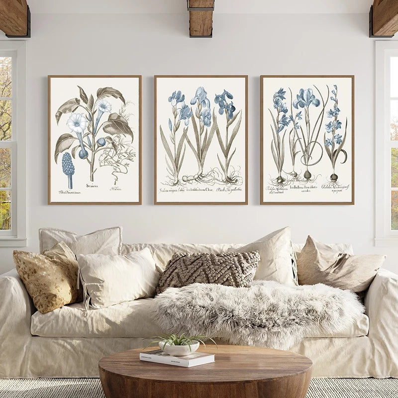 Retro Abstract Blue Various Flower Seedlings Root Green Leaves Poster Canvas Painting Wall Art Pictures Living Room Home Decor Peaceful Pleasures Health and Wellness