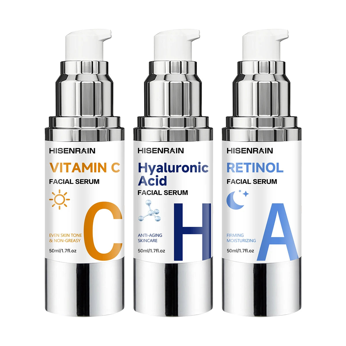 HISENRAIN AM PM Hyaluronic Acid Serum with Retinol And Noon VC 3-in-1 Brightening Anti-Aging Daily Skincare Treatment for Face. Peaceful Pleasures Health and Wellness 50ml-ACH