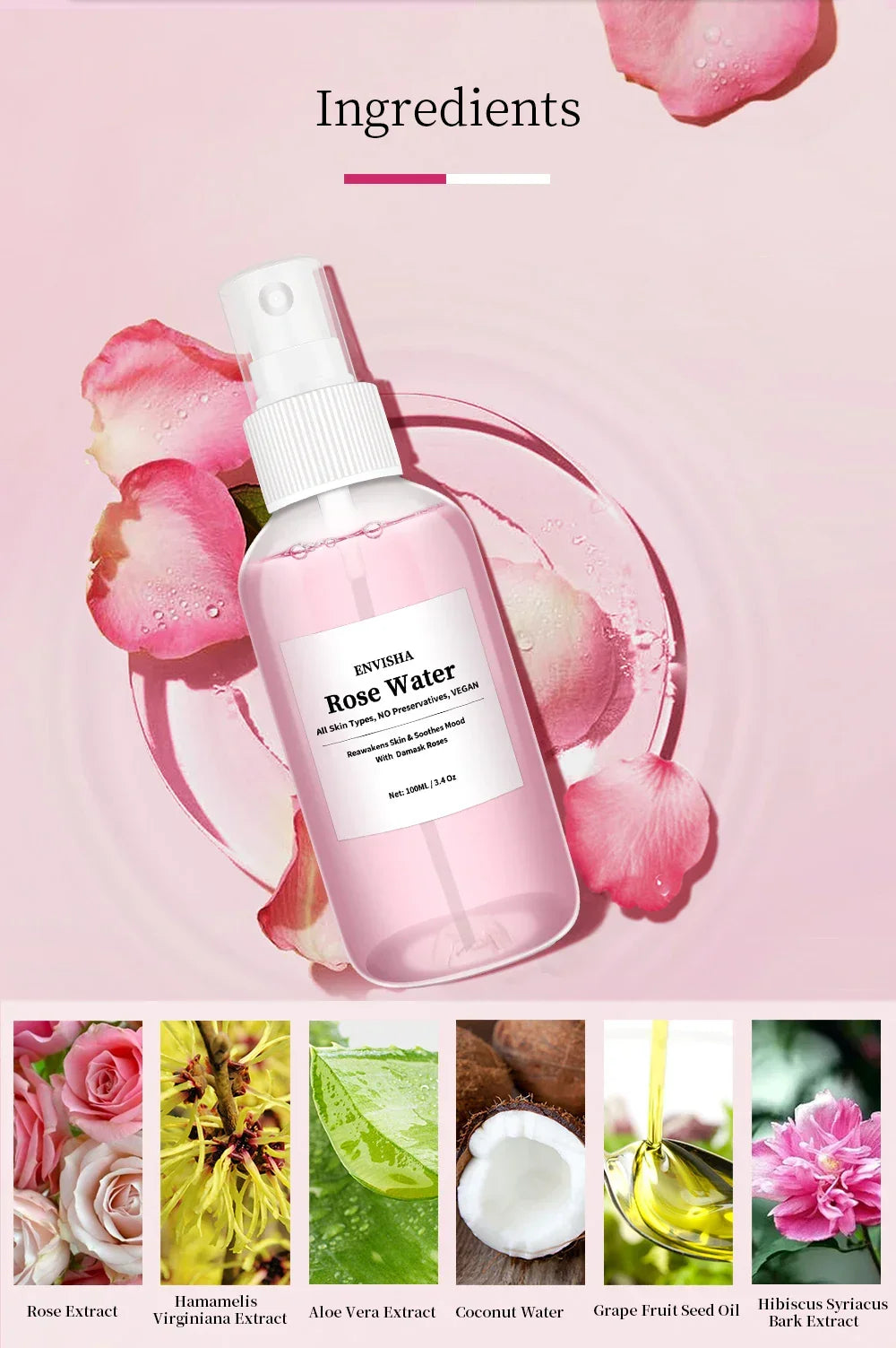 ENVISHA Rose Water Facial Toner – Hydrating & Pore-Minimizing Serum Peaceful Pleasures Health and Wellness