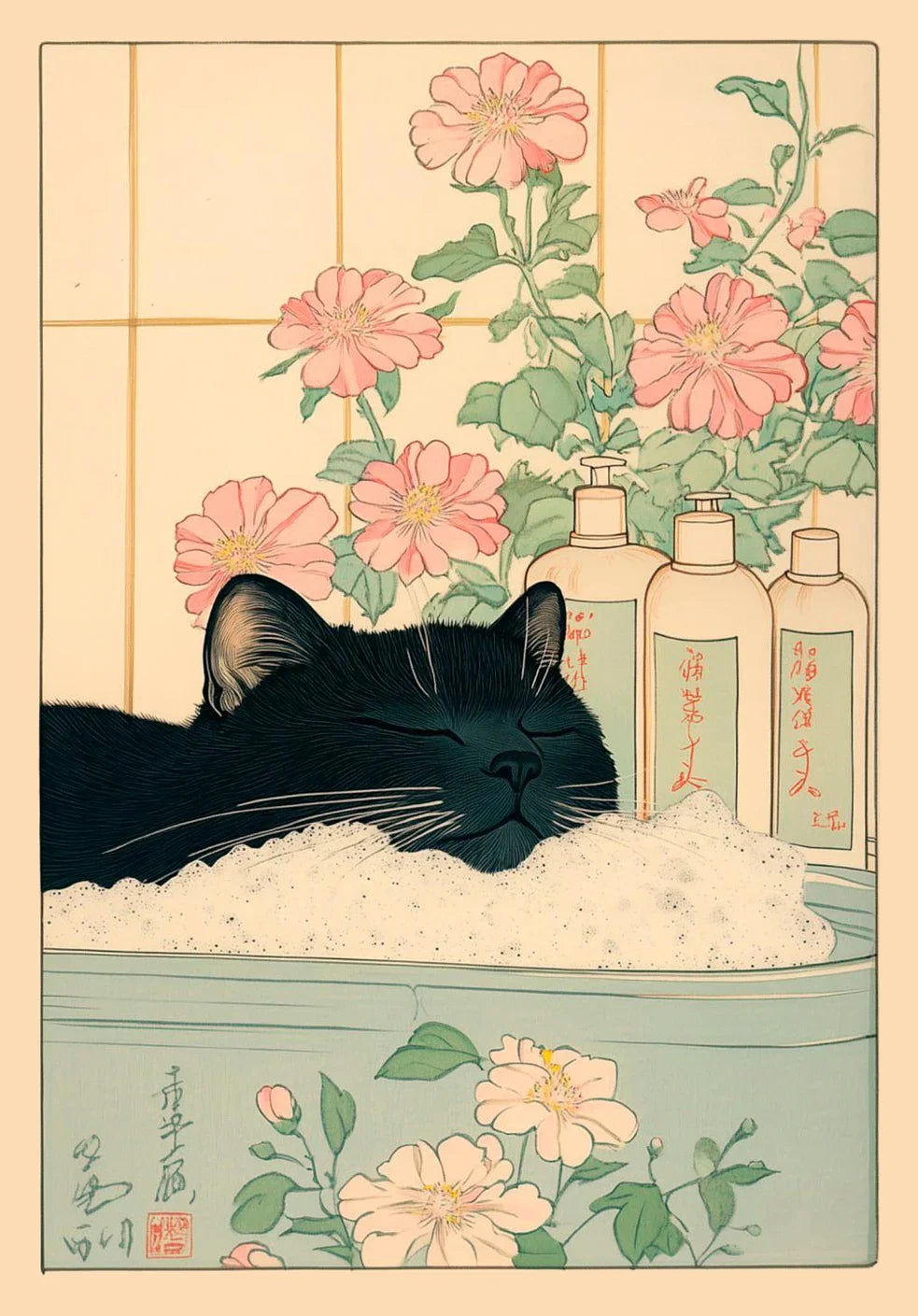 Funny Tabby Cat Bathtub Canvas Print | Japanese Bathroom Wall Art