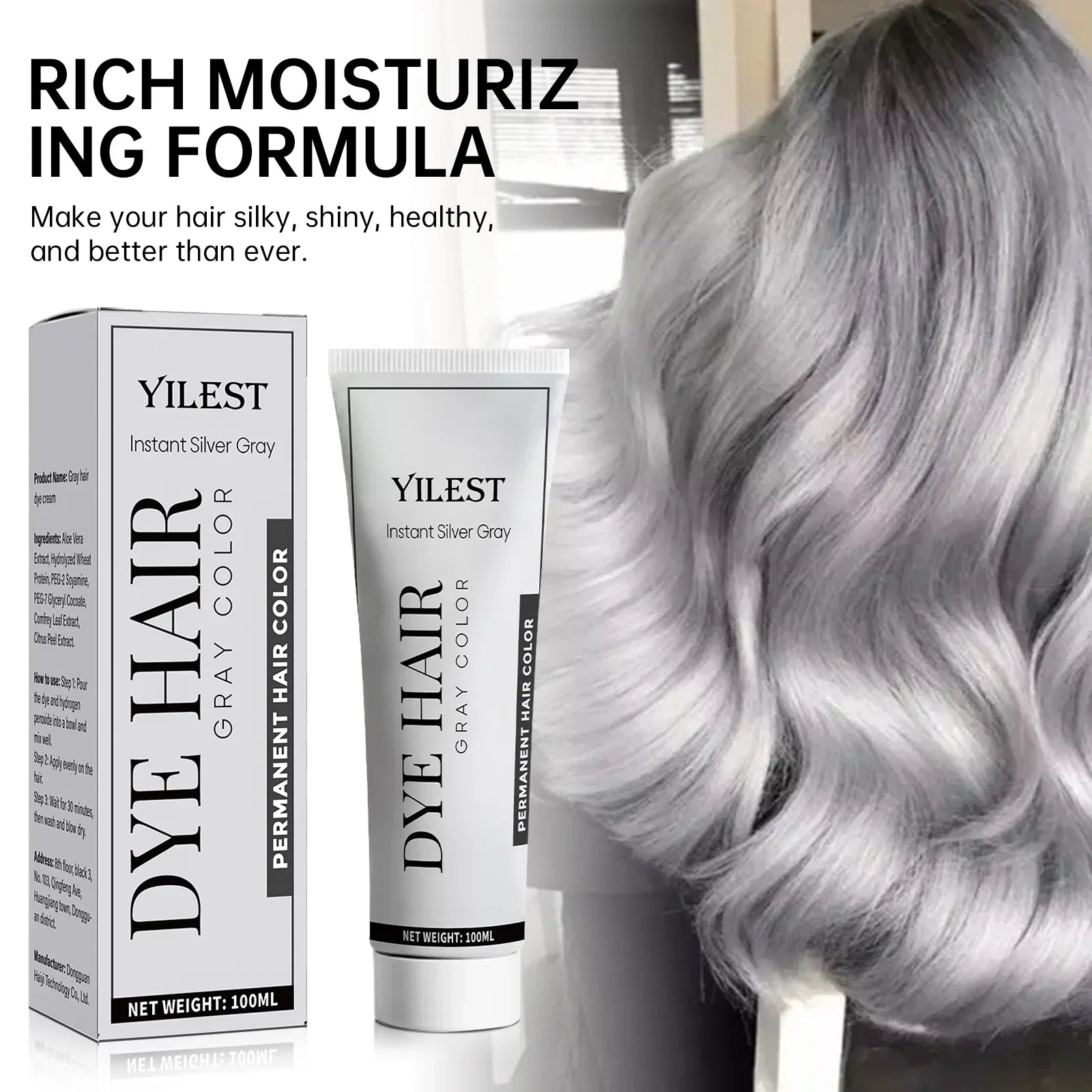 Smoky Silver Grey Hair Dye Cream 100ml - Quick Coloring, Long-Lasting & No Damage DIY Styling for Professional Look. Peaceful Pleasures Health and Wellness