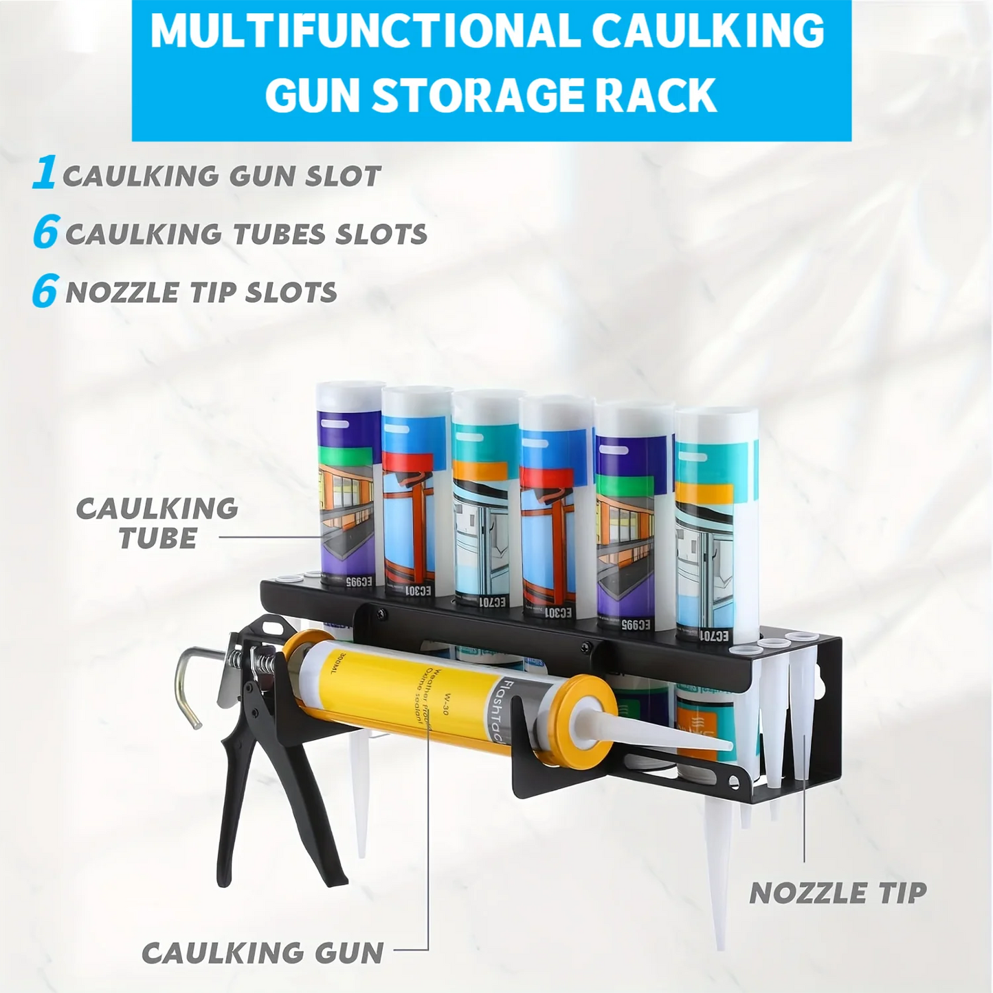 Caulking Gun Storage Rack, Sealant Tube Holder - Wall-Mounted Organizer with Recessed Shelf, Holds 6 Tubes & Nozzles for Garage Peaceful Pleasures Health and Wellness