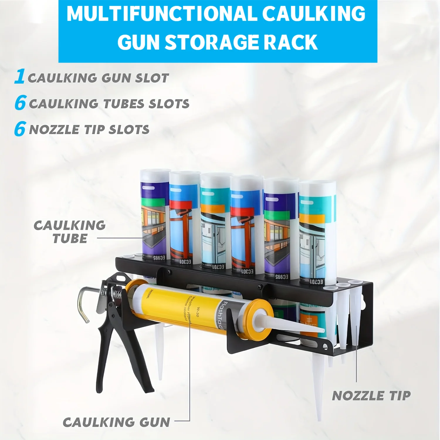 Caulking Gun Storage Rack, Sealant Tube Holder - Wall-Mounted Organizer with Recessed Shelf, Holds 6 Tubes & Nozzles for Garage Peaceful Pleasures Health and Wellness