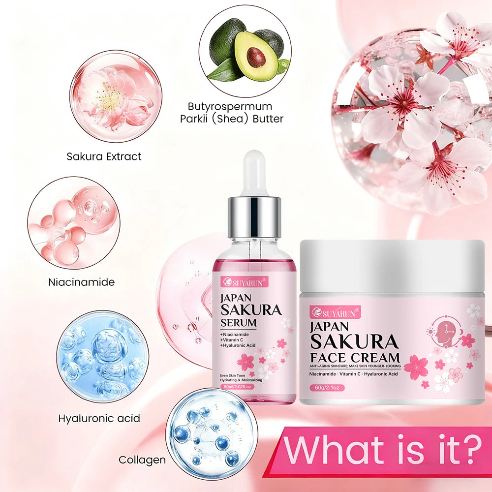 SUYARUN Cherry Blossom Skincare Set - Moisturizing Cream & Serum, Gentle Fragrant Formula, Perfect Travel Gift. Peaceful Pleasures Health and Wellness