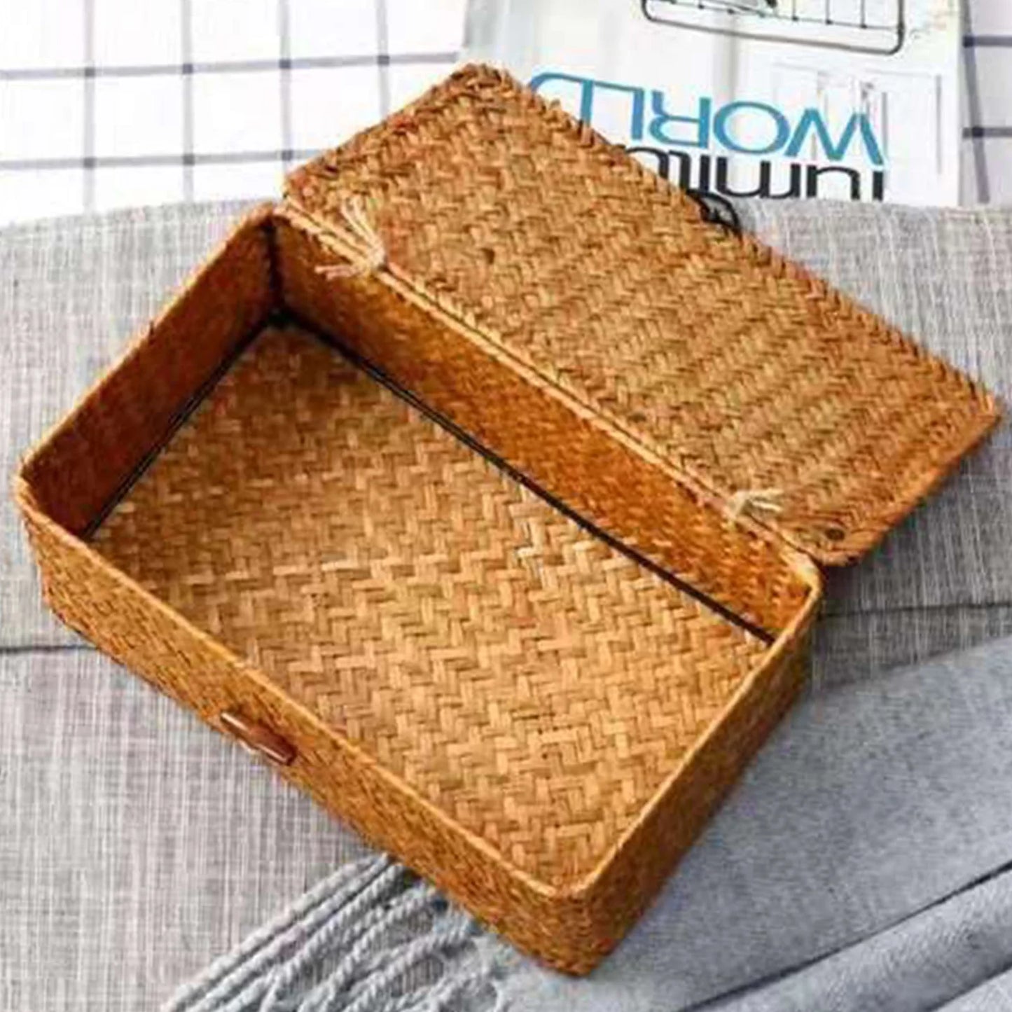 Traditional Braided Straw Box with Lid Rectangular Natural Rattan Organizer for Trinkets Cosmetics or Crafts Peaceful Pleasures Health and Wellness