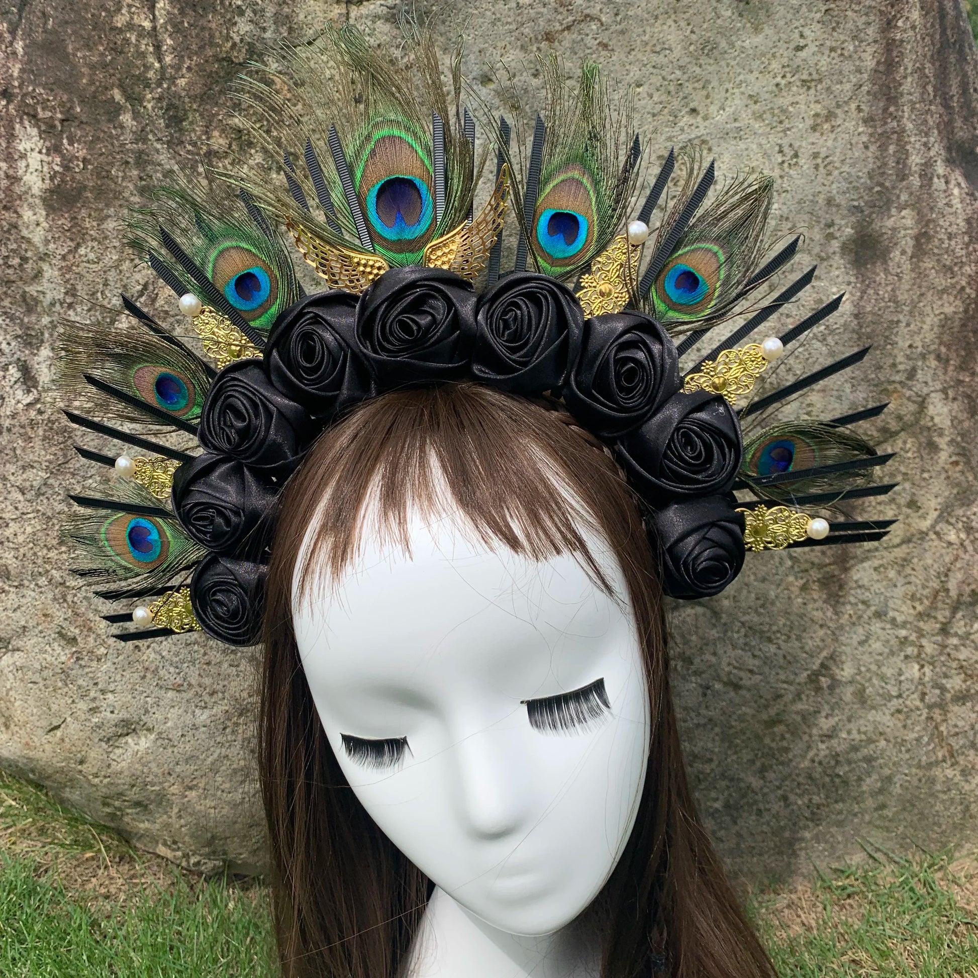Peacock Feather Gold Halo Crown Sun Headband Hallowee Cosplay Festival Bridal Wedding Maternity Photoshoot Goddess Headpiece Peaceful Pleasures Health and Wellness