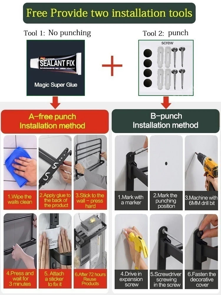 No-Drill Wall Mounted Bathroom Hardware Set | Towel Rack & Hook