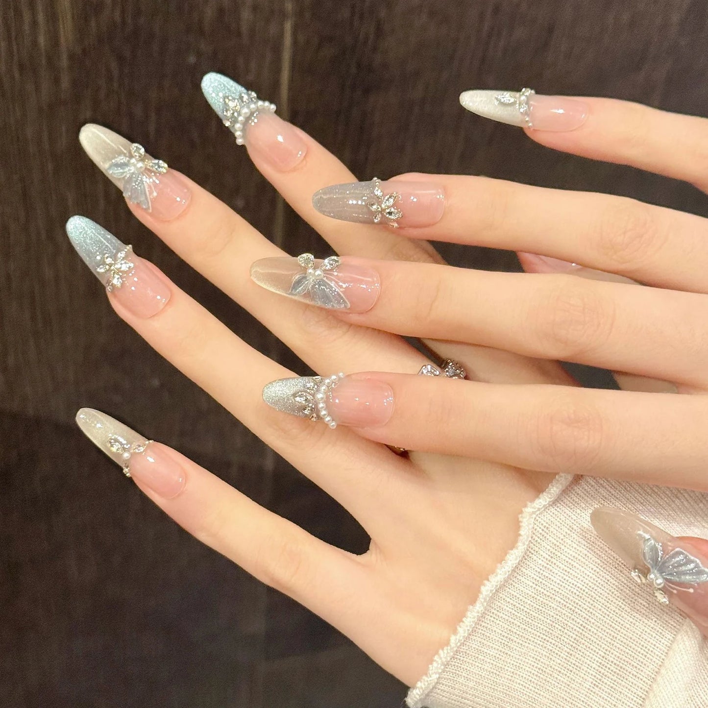 10pcs Handmade Press on Nails Pink Butterfly Design Fake Nails Wearable Reusable Glitter Cat Eye Sweet Korean False Nail Tips Peaceful Pleasures Health and Wellness L 2