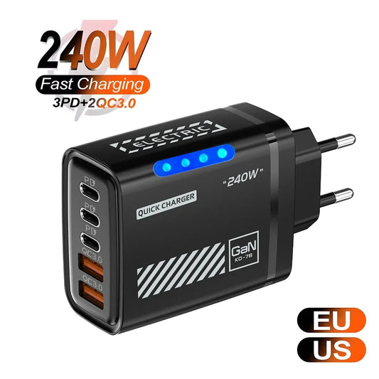 240W USB-C GaN Fast Charger 5-Port QC 3.0 PD | EU US UK USB-C GaN Wall Charger Peaceful Pleasures Health and Wellness