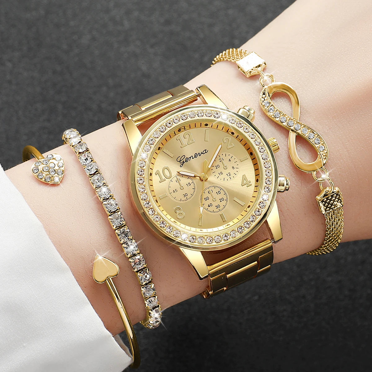 4PCS/Set Fashion Rhinestone Women Watches Luxury Steel Band Ladies Quartz Watch Bracelets Set Reloj Mujer（Without Box） Peaceful Pleasures Health and Wellness 4PCS set Without Box