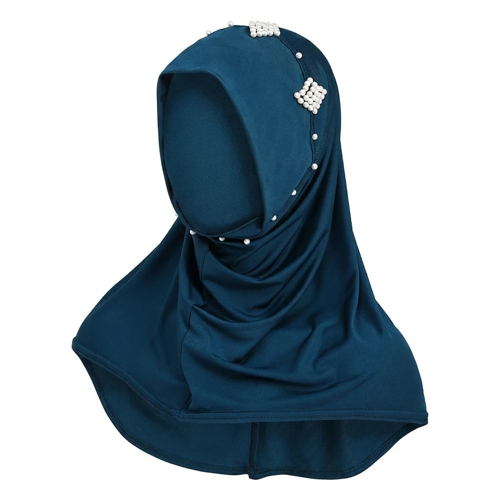 Women's Pearl Embellished Hijab Hat Elastic Fabric Chin Strap Muslim Base Cap Peaceful Pleasures Health and Wellness A