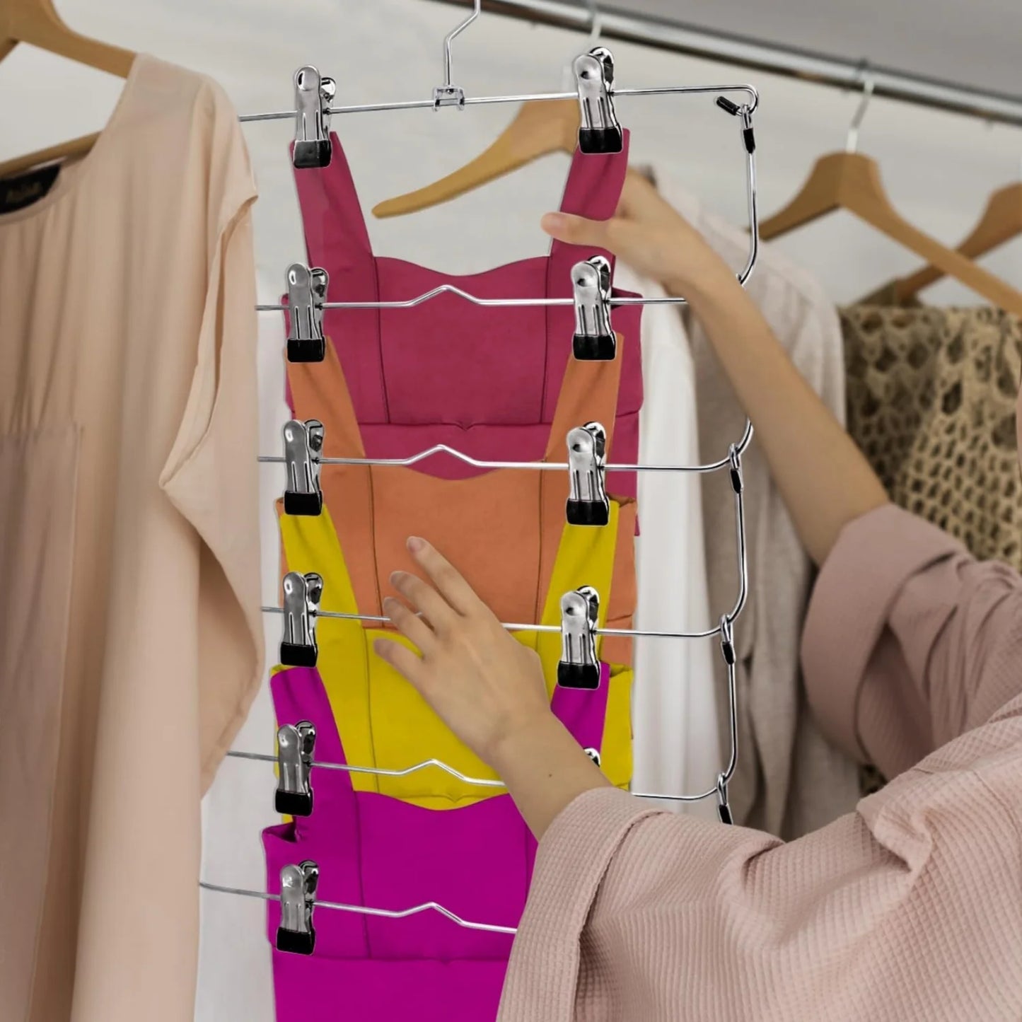 6-Tier Pants & Skirt Hangers with Clips | Closet Space Saver Clothes Hanger Organizer Peaceful Pleasures Health and Wellness