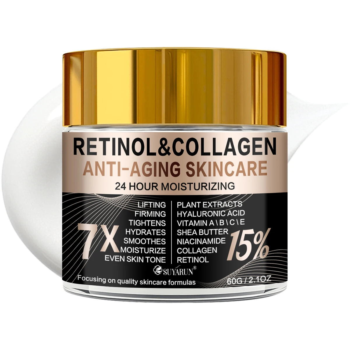 Retinol Collagen Anti-Aging Face & Eye Cream in Glass Jar - Moisturizing & Wrinkle Reduction for Firm Skin. Peaceful Pleasures Health and Wellness 60g