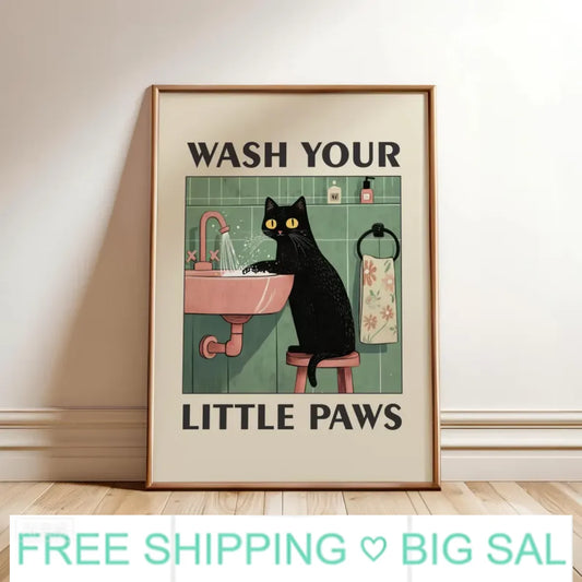 Funny Cat "Wash Your Paws" Canvas Wall Art | Bathroom Decor Canvas Wall Art Peaceful Pleasures Health and Wellness
