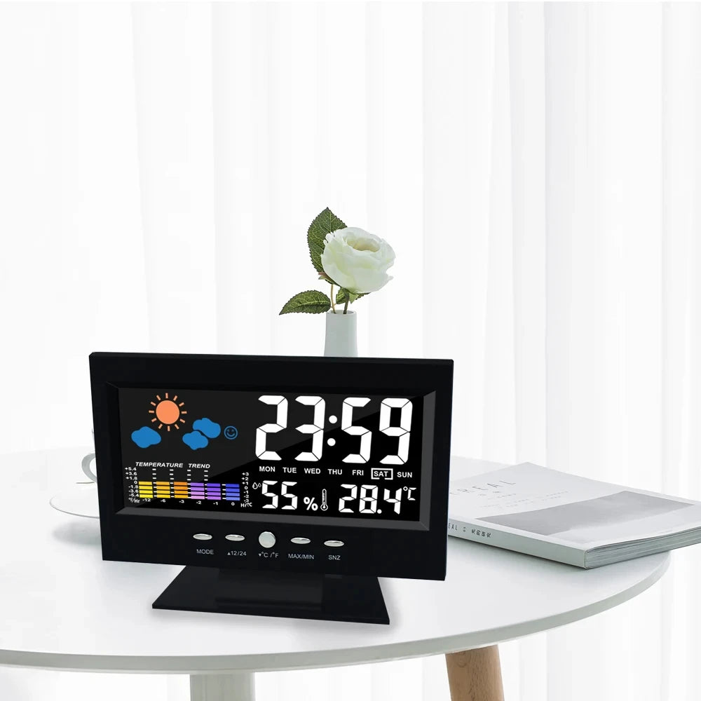 Multi-functional Weather Station Clock with Digital LCD Display Thermometer Hygrometer Calendar Temperature and Humidity Meter Peaceful Pleasures Health and Wellness