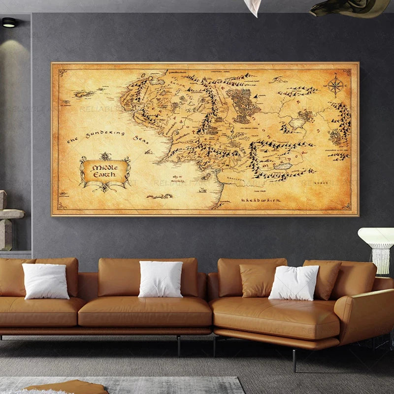 Map Canvas Painting Vintage Middle-earth Map Poster Movie Wall Art Pictures for Home Living Room Decor Unframed Pictures Peaceful Pleasures Health and Wellness